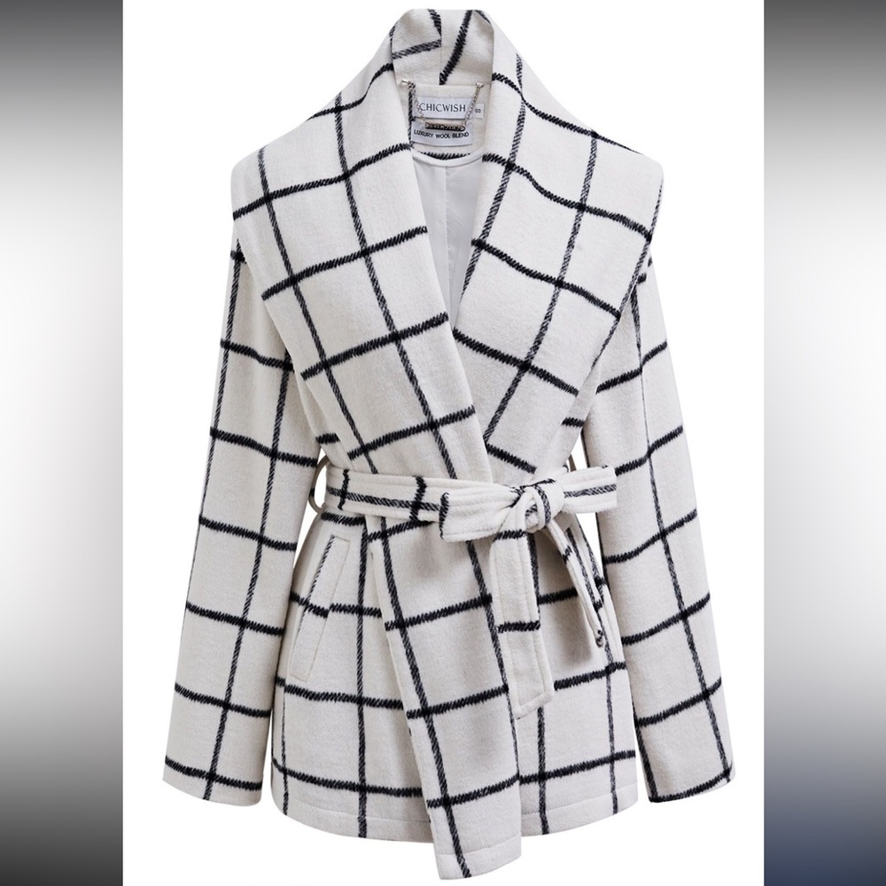 Chicwish CHECK OPEN FRONT WOOL-BLEND COAT IN WHITE